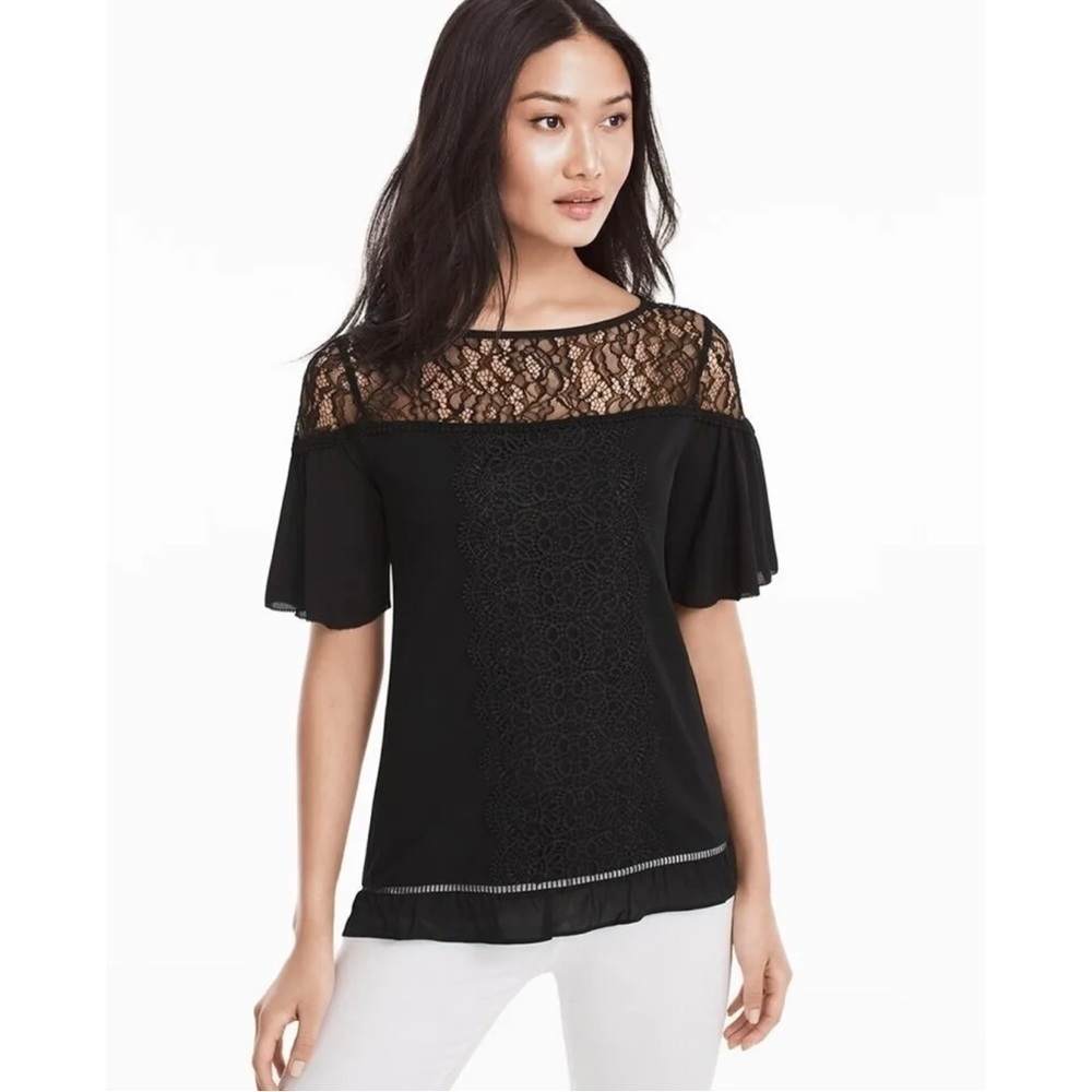 White House Black Market Womens Sz S Black Lace Yoke Illusion Blouse Top